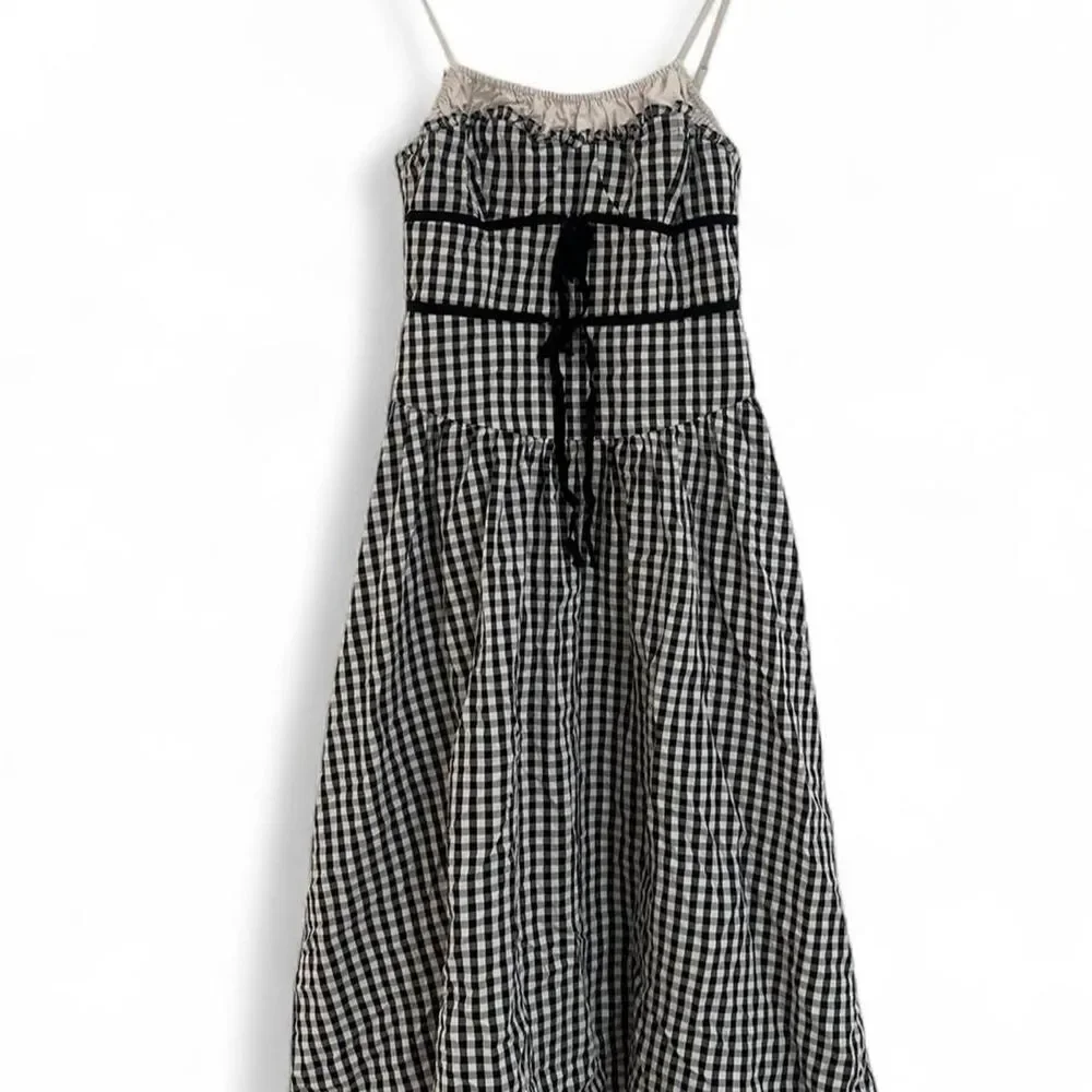 For Love and Lemons Gingham Midi Dress Black White Bow Tie Size S - Picture 3 of 7